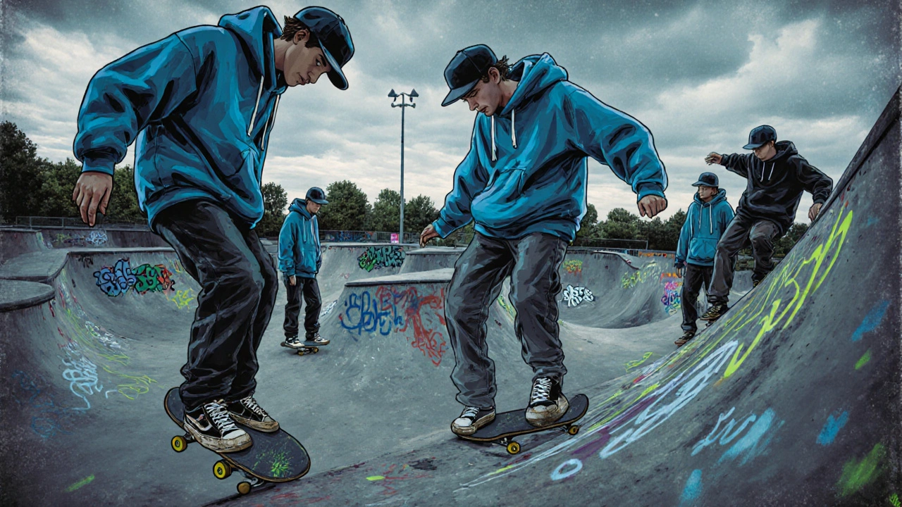 1990s skate park scene with skaters wearing oversized hoodies performing tricks.