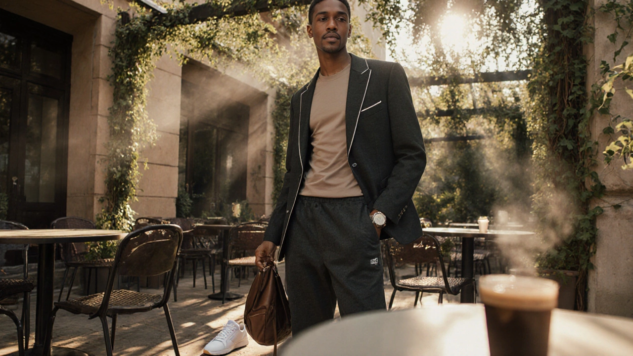 Café patio scene with a model wearing a technical tee, blazer, joggers, and minimalist sneakers.