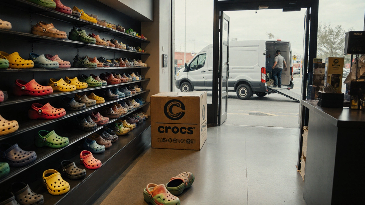 Empty Crocs store interior with scattered clogs and a delivery van outside.