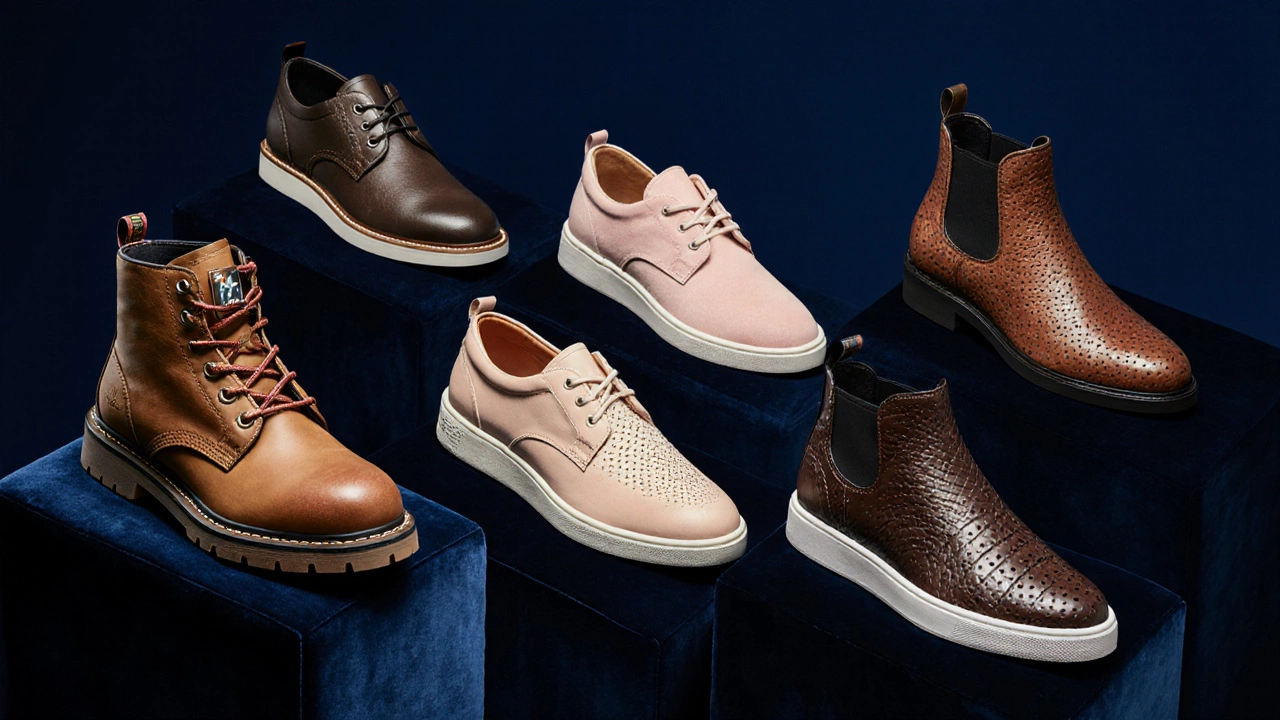 Five shoes made from different leathers displayed on velvet mannequins.