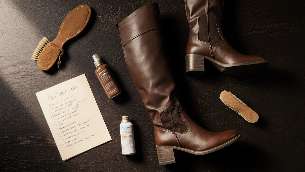 Flat‑lay of brown leather knee‑high boots with shoe tree, conditioner, suede spray, brush, and care notes on a wood surface.