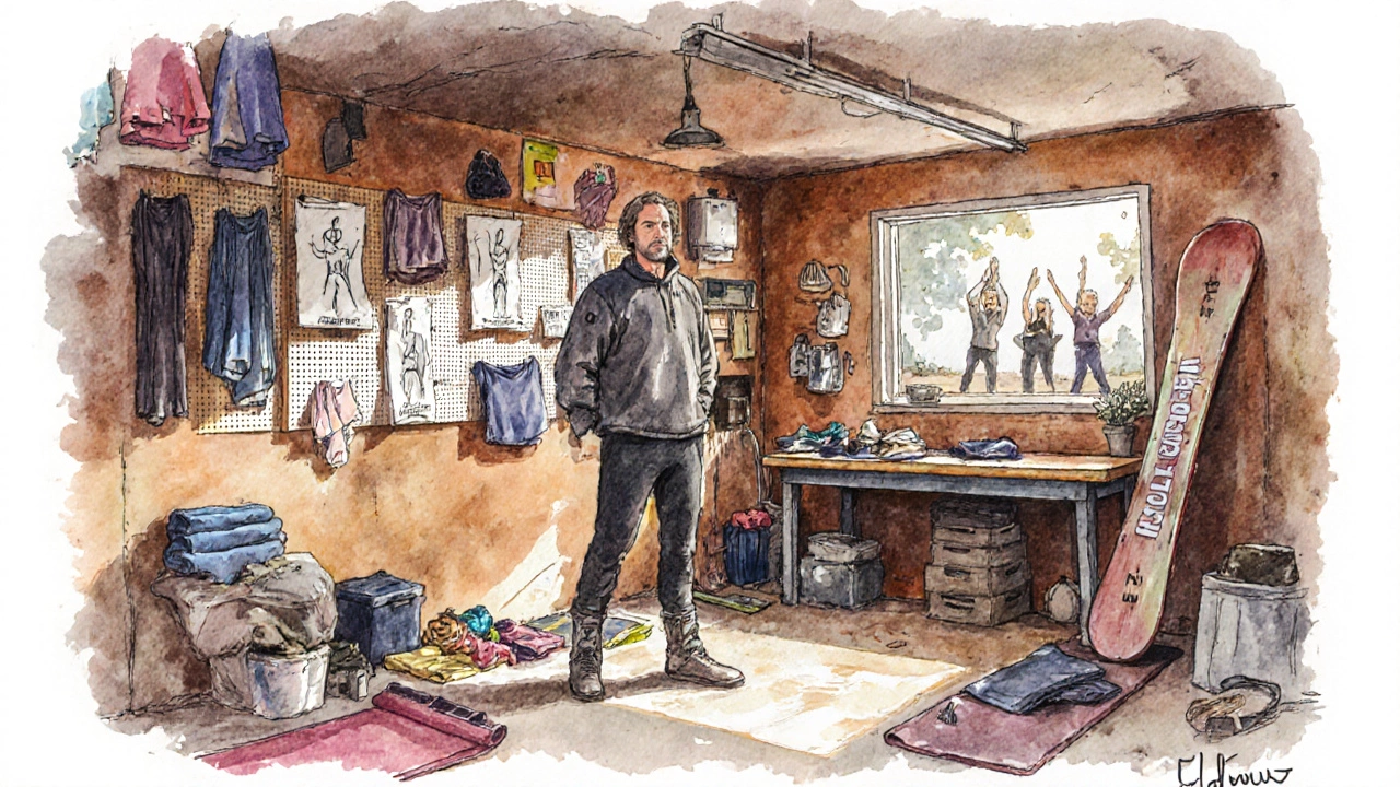 Founder Chip Wilson in a garage studio with fabric samples and a small yoga group.
