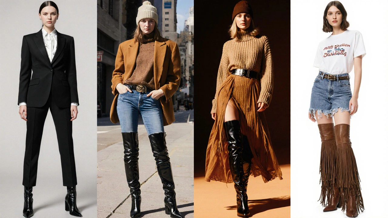 Four fashion looks: office power suit with knee‑high boots, casual denim with mid‑calf suede boots, glam over‑the‑knee boots, and festival western boots.