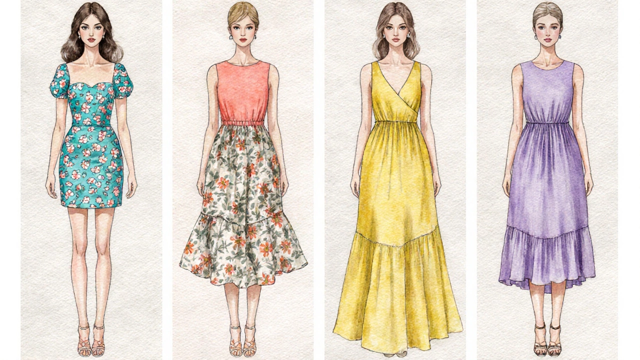 Four illustrated figures showing mini, midi, and maxi dresses for different body shapes.