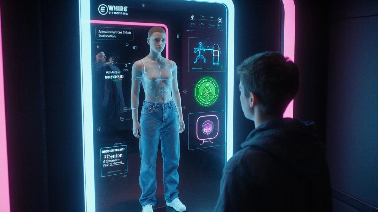 Futuristic AR mirror where a shopper tries on virtual jeans with holographic overlays.