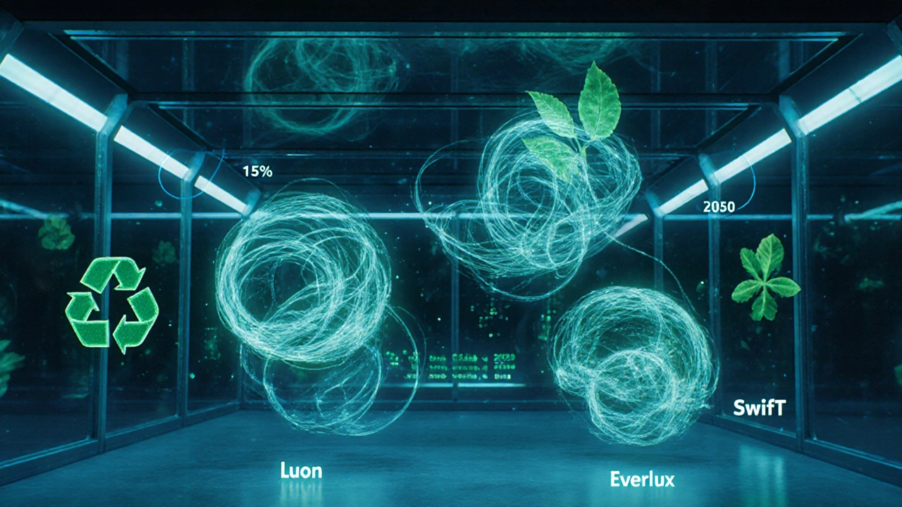 Futuristic lab highlighting Lululemon fabric technologies and sustainability symbols.