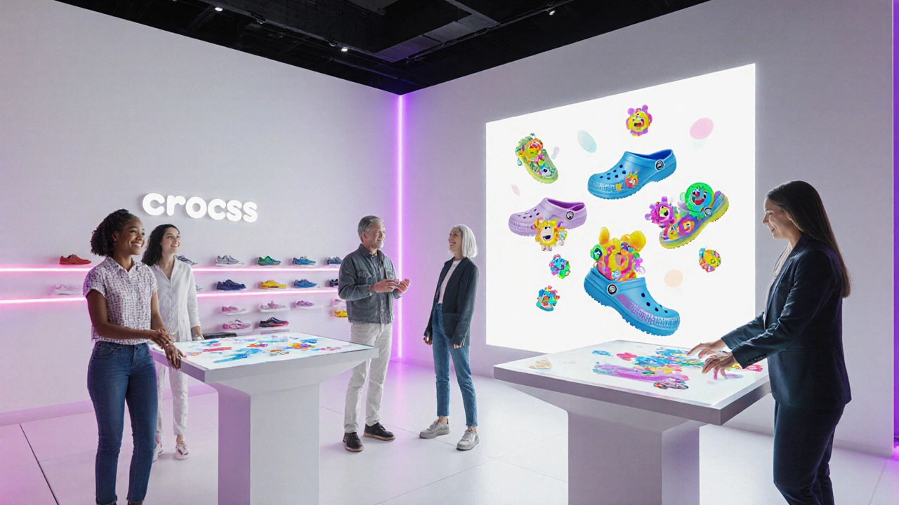 Futuristic retail hub where shoppers customize Crocs using AR displays.