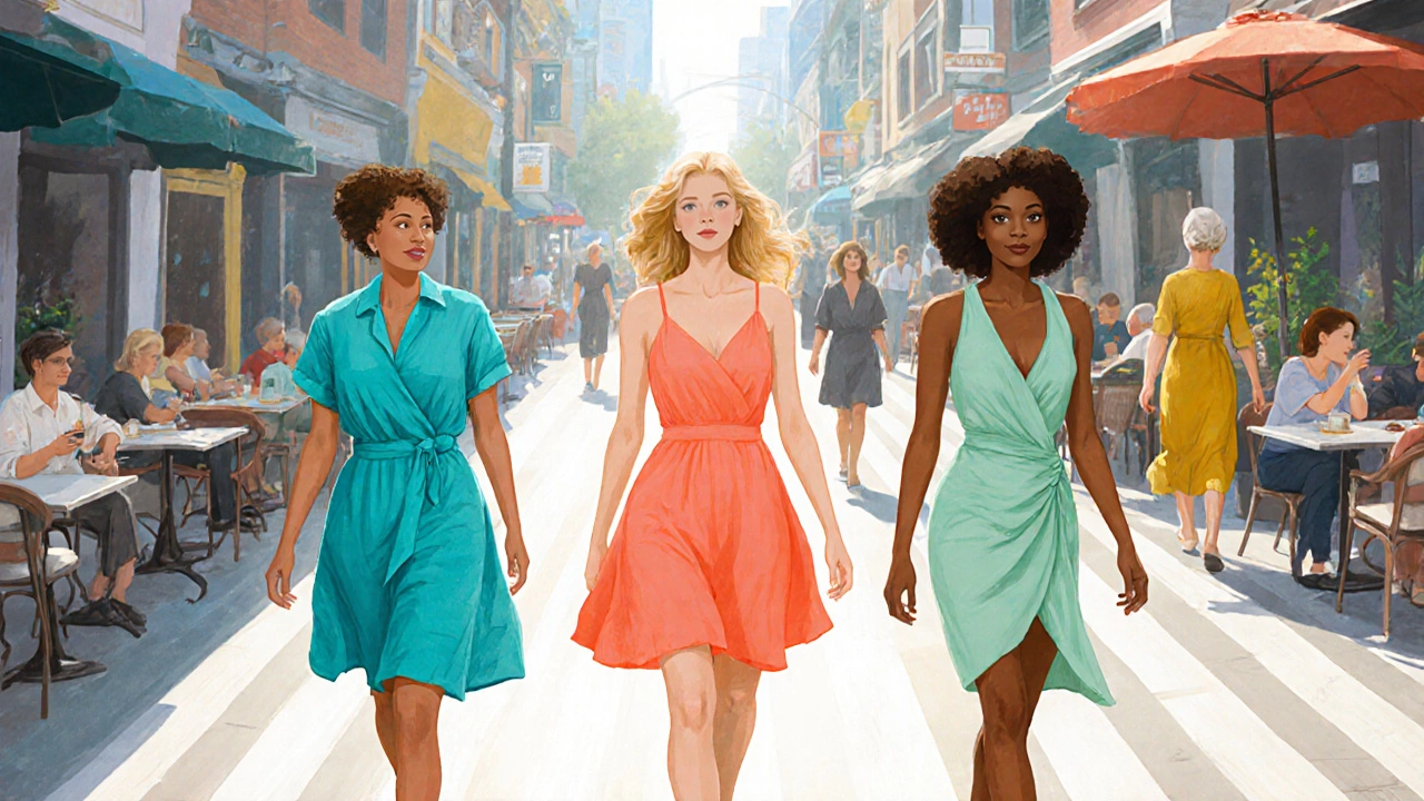 Illustrated Vancouver street with women in turquoise, coral, mint dresses versus mustard and gray outfits.