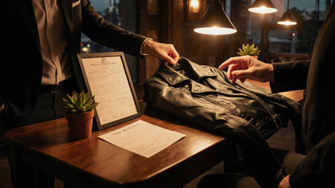Leather biker jacket displayed with certification card in a boutique.