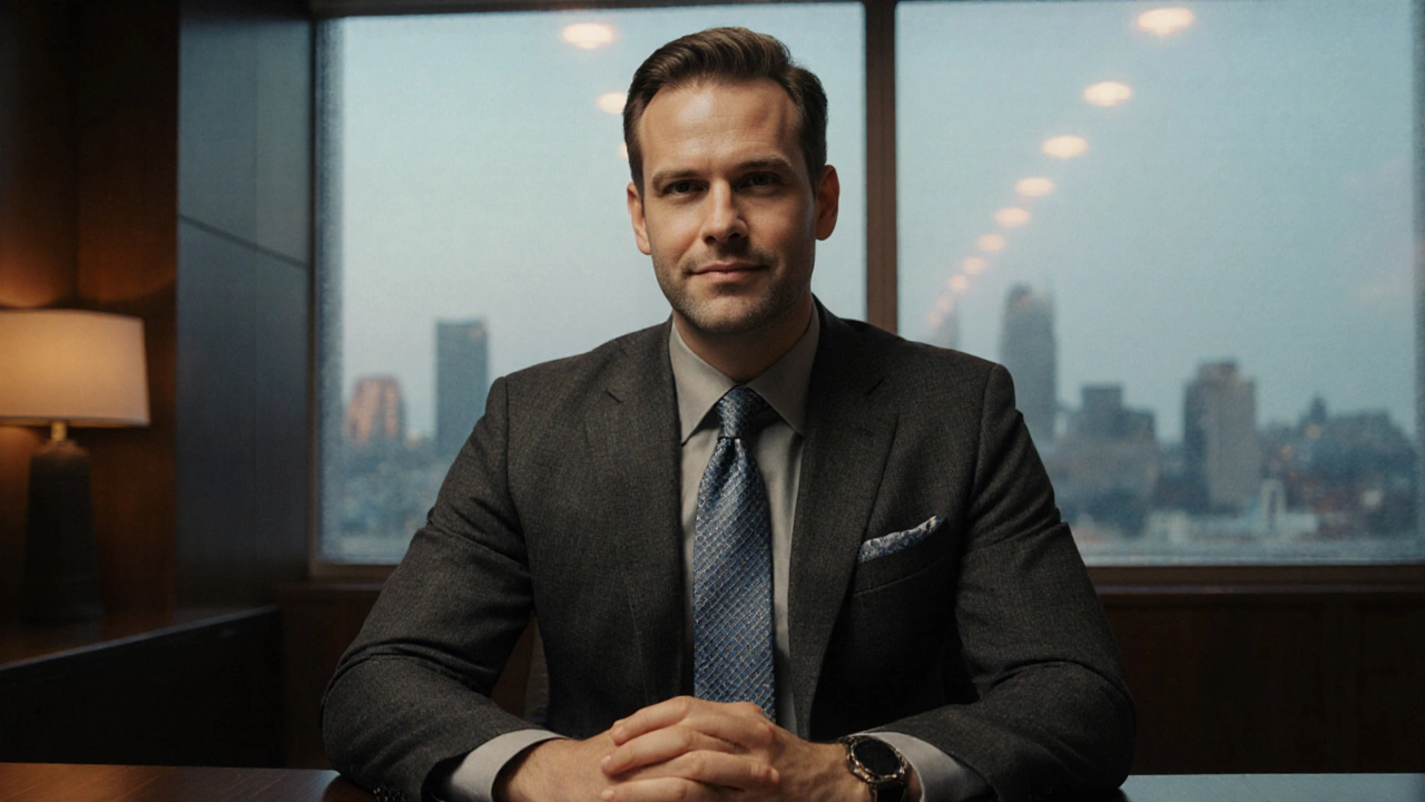 Man in charcoal suit with light gray shirt and patterned tie seated at a boardroom table in evening light.