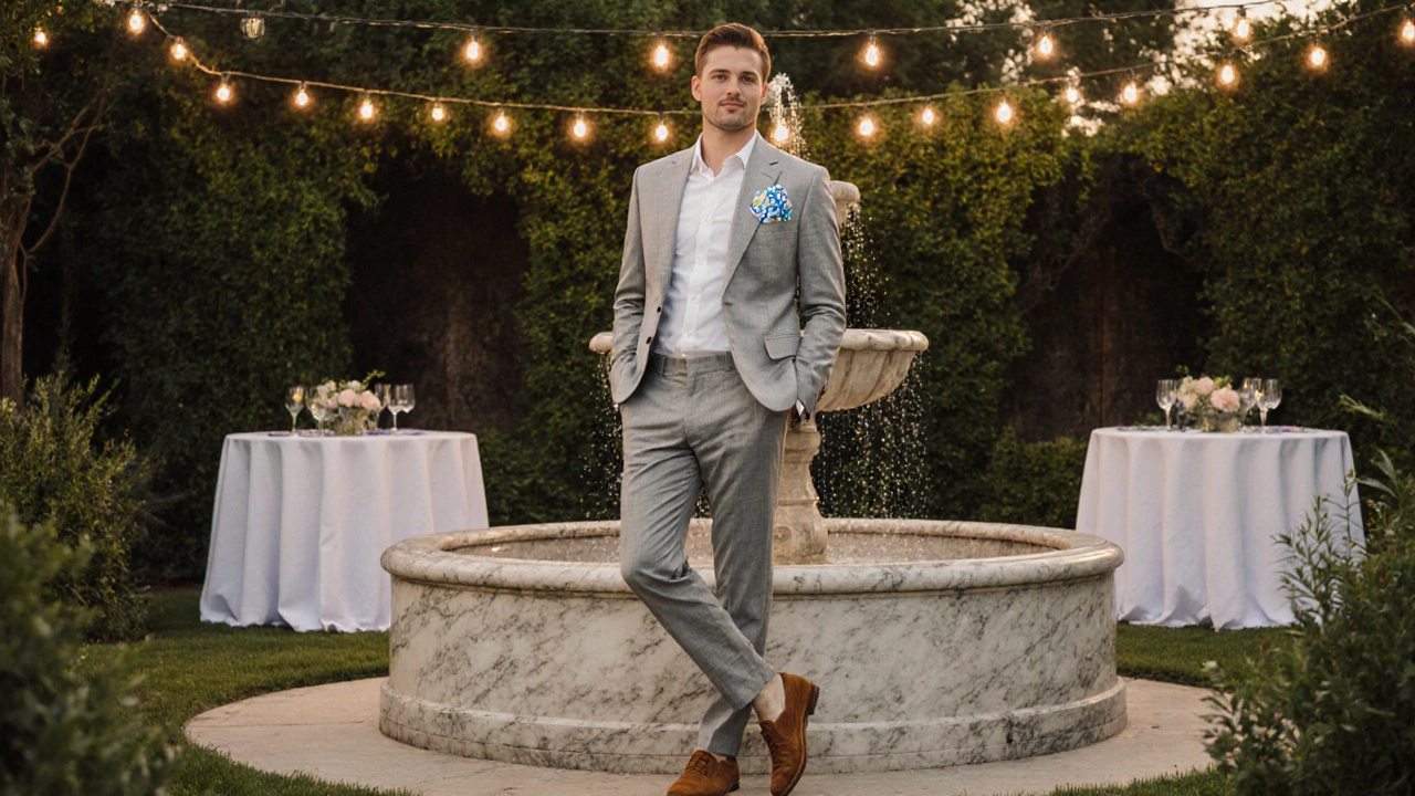 Man wearing a light gray suit with white shirt and suede loafers at a sunny garden party.