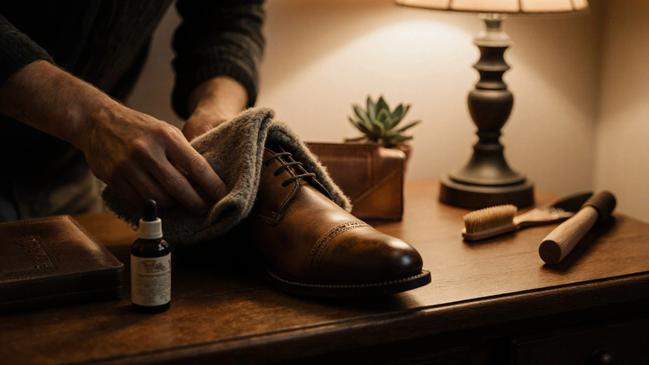 Person polishing a leather shoe with cloth and conditioner on a wooden vanity.