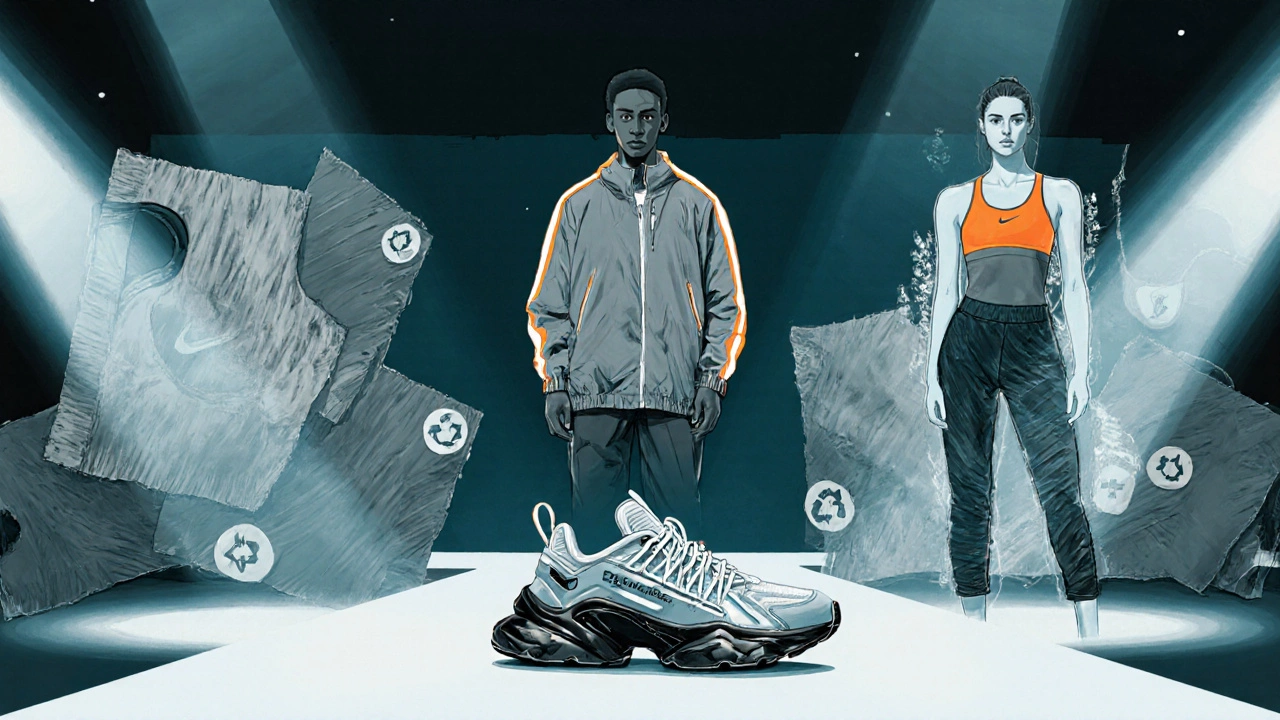 Runway illustration featuring Nike x Balenciaga sneakers, Y‑3 windbreaker, and eco‑focused fabric swatches.