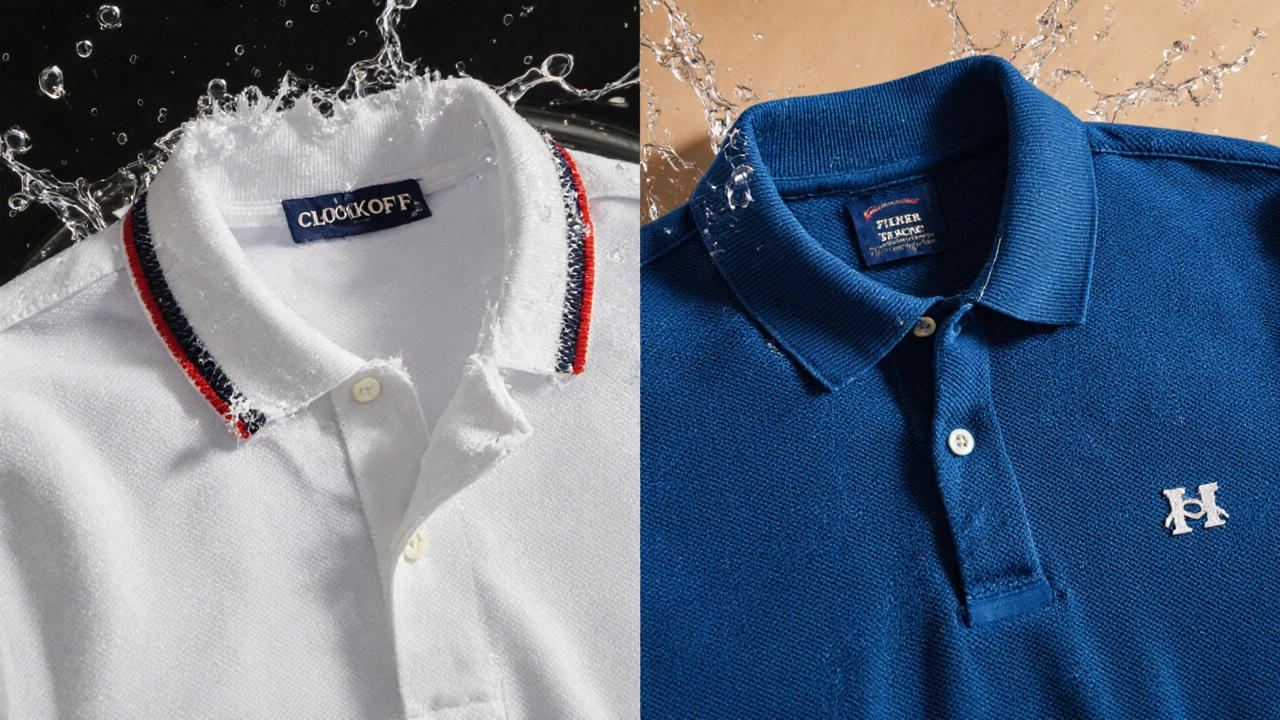 Side-by-side comparison of a durable polo shirt versus a cheap knockoff after washing.