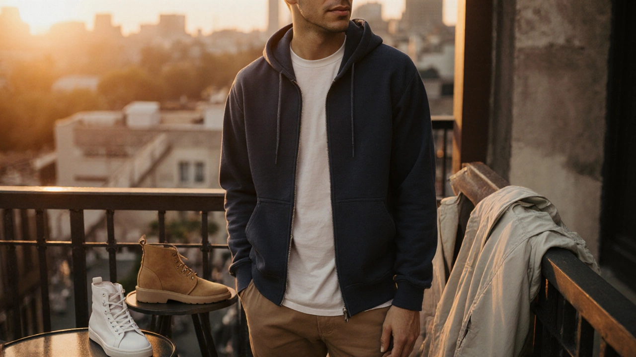 Stylish person wearing a half‑open navy hoodie with chinos and sneakers at sunset.