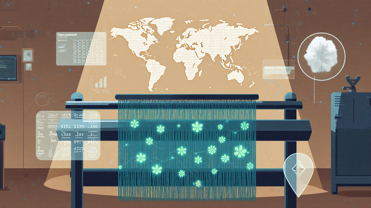 Sustainable denim factory showing recycled cotton threads and digital data visuals.