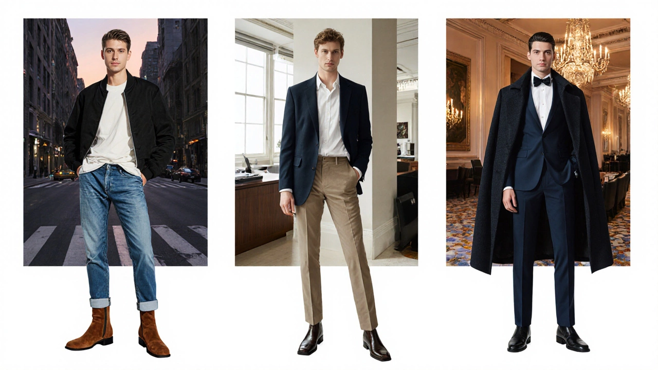 Three fashion vignettes showing casual, business‑casual, and formal outfits with square toe boots.
