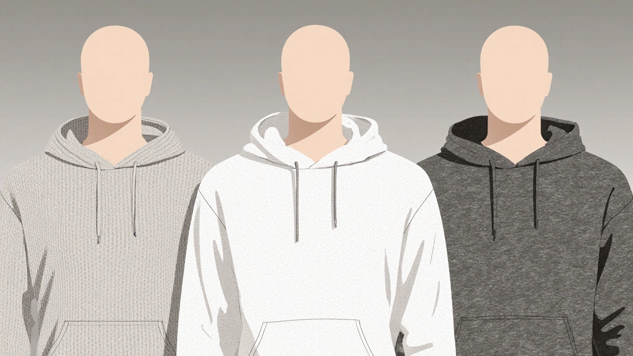 Three mannequins showing cotton, fleece, and polyester hoodies with texture details.