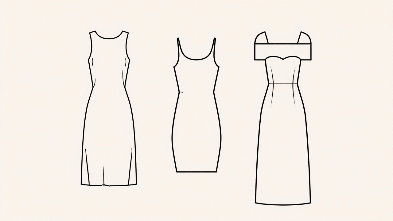 Three minimalist silhouettes of summer dresses: shift, tank, and off-shoulder styles.