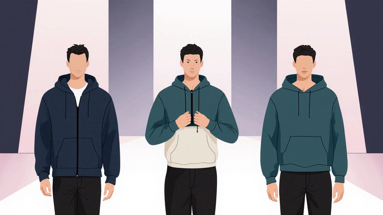 Three models displaying full‑zip, half‑zip, and pullover hoodies side by side.