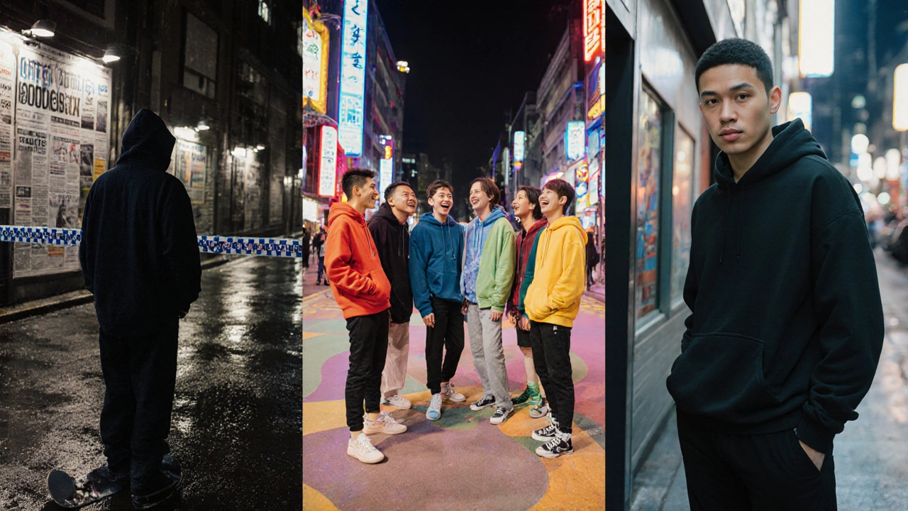 Three-panel collage showing UK, US, and Tokyo perspectives on hoodie culture.