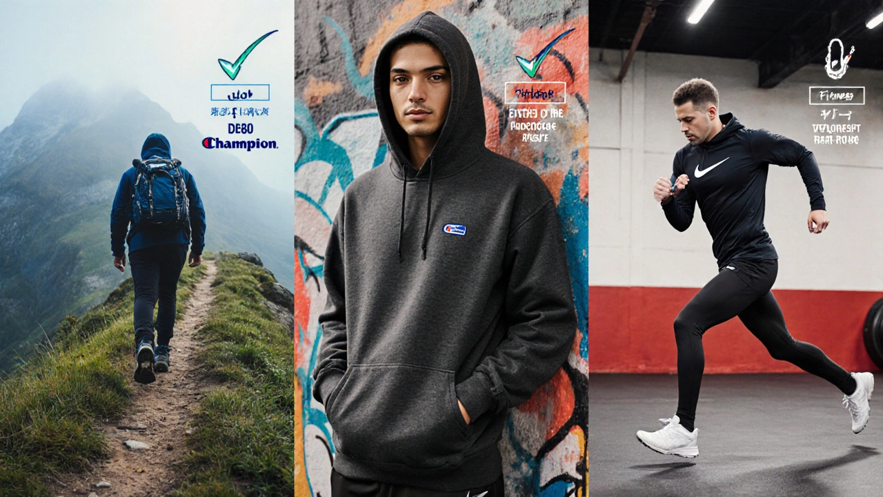 Three side‑by‑side scenes showing hoodies for hiking, street style, and gym use.