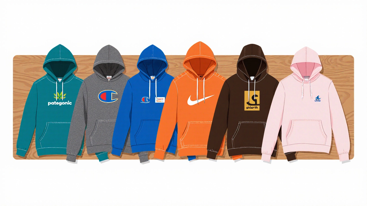 Top‑down view of seven hoodies representing major brands displayed on a wooden table.