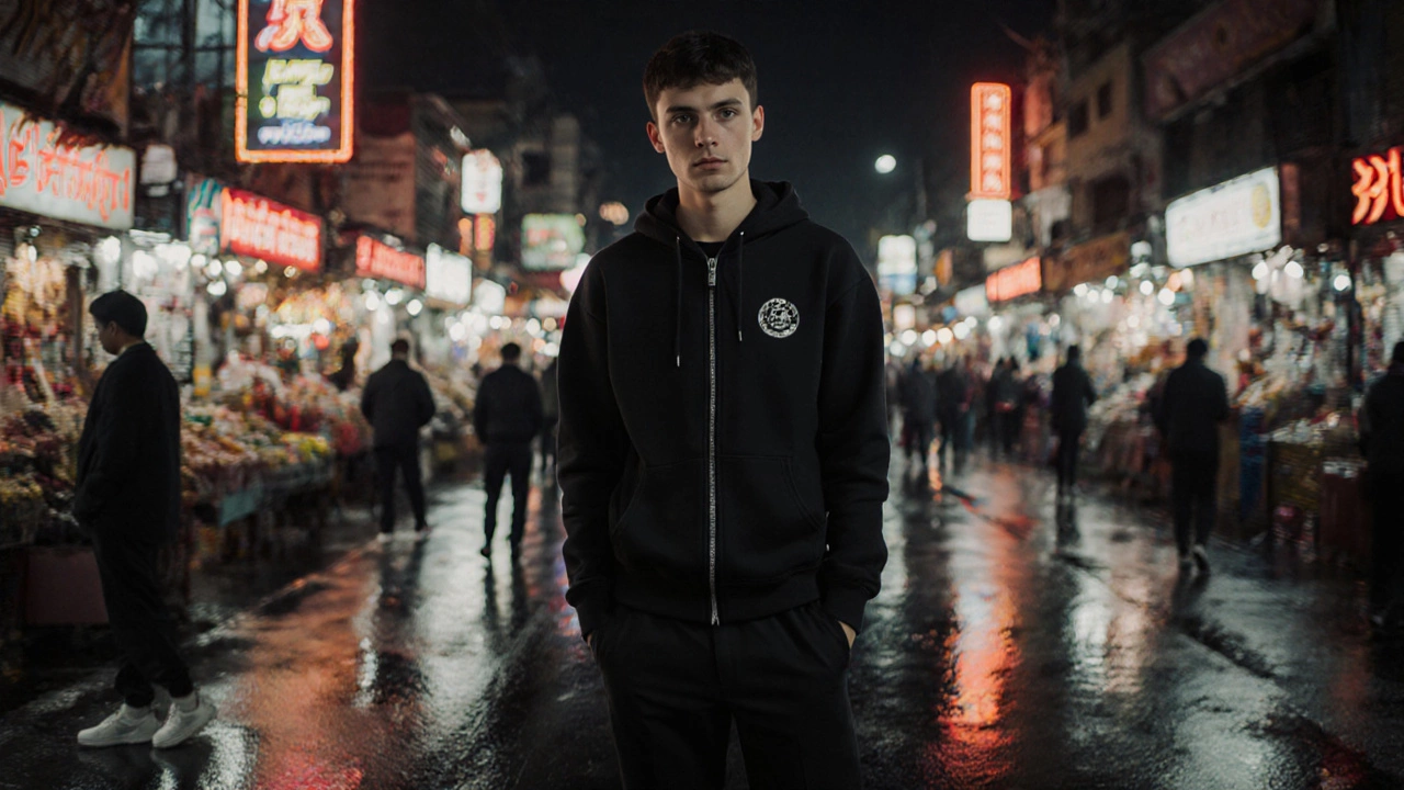 Urban scene of a person wearing a sleek zip‑up hoodie at dusk.