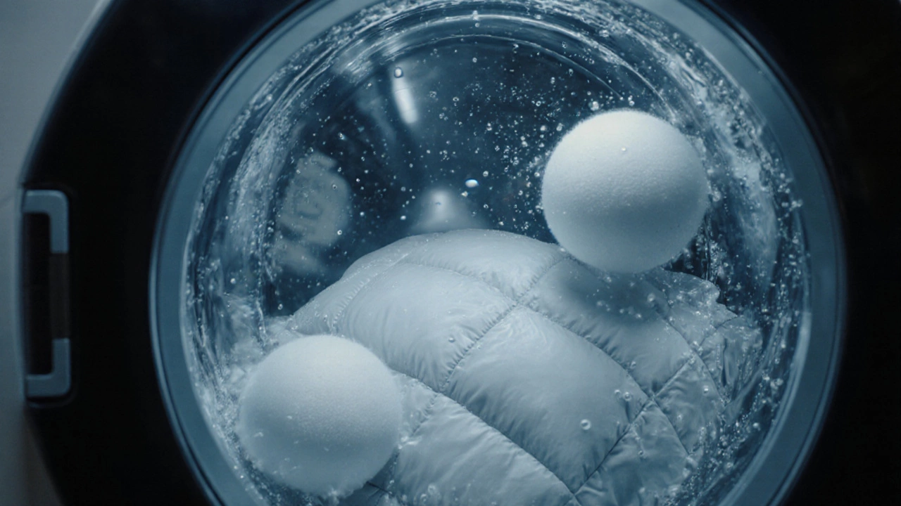 Washing machine drum containing a down jacket and tennis balls during a gentle wash cycle.