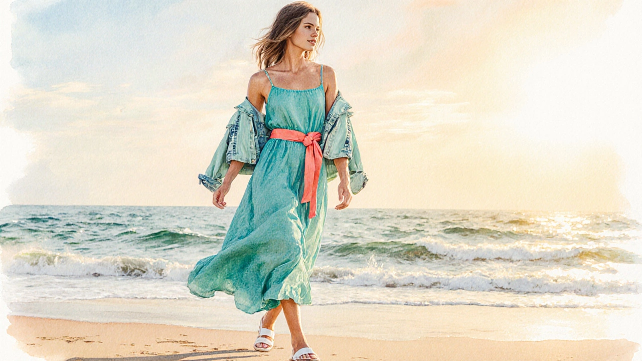 Watercolor beach scene showing a woman in a turquoise dress with coral belt and mint jacket.