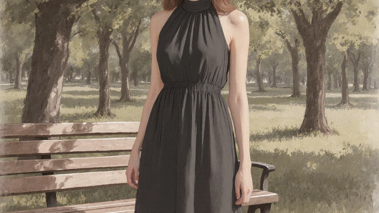 Woman in a charcoal empire waist dress standing in a park, vertical seams creating a slimming effect under dappled sunlight.