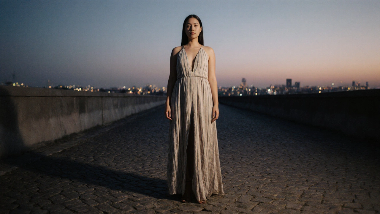 Woman in a maxi dress with vertical panels walking at dusk, elongated lines enhancing her figure against a soft city backdrop.