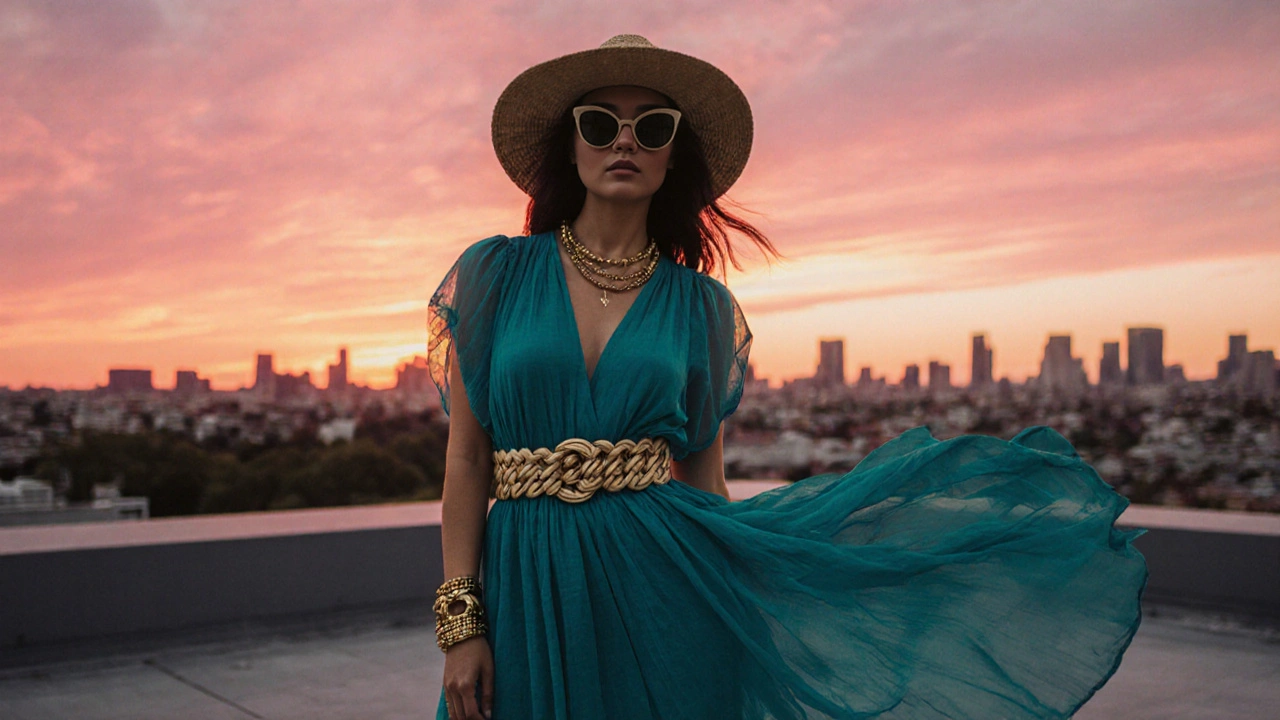 Woman in teal maxi dress with belt and straw hat on a sunset rooftop.