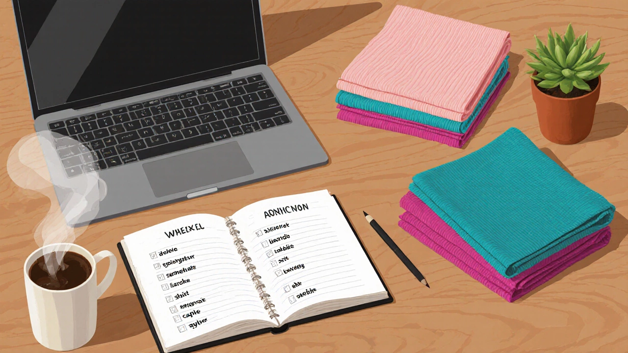 Writer's desk with fabric swatches representing gym wear synonyms.