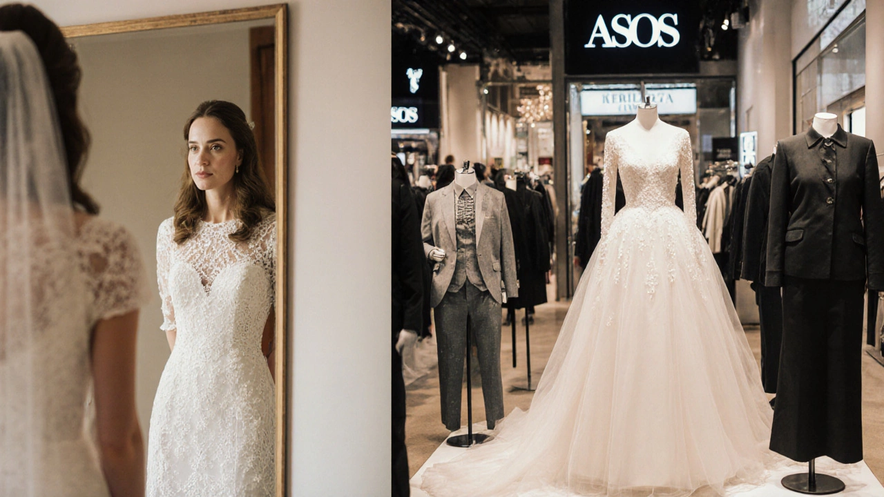 A bride seeing her reflection in a lace gown that mirrors Kate Middleton&#039;s dress, with retail replicas in the background.