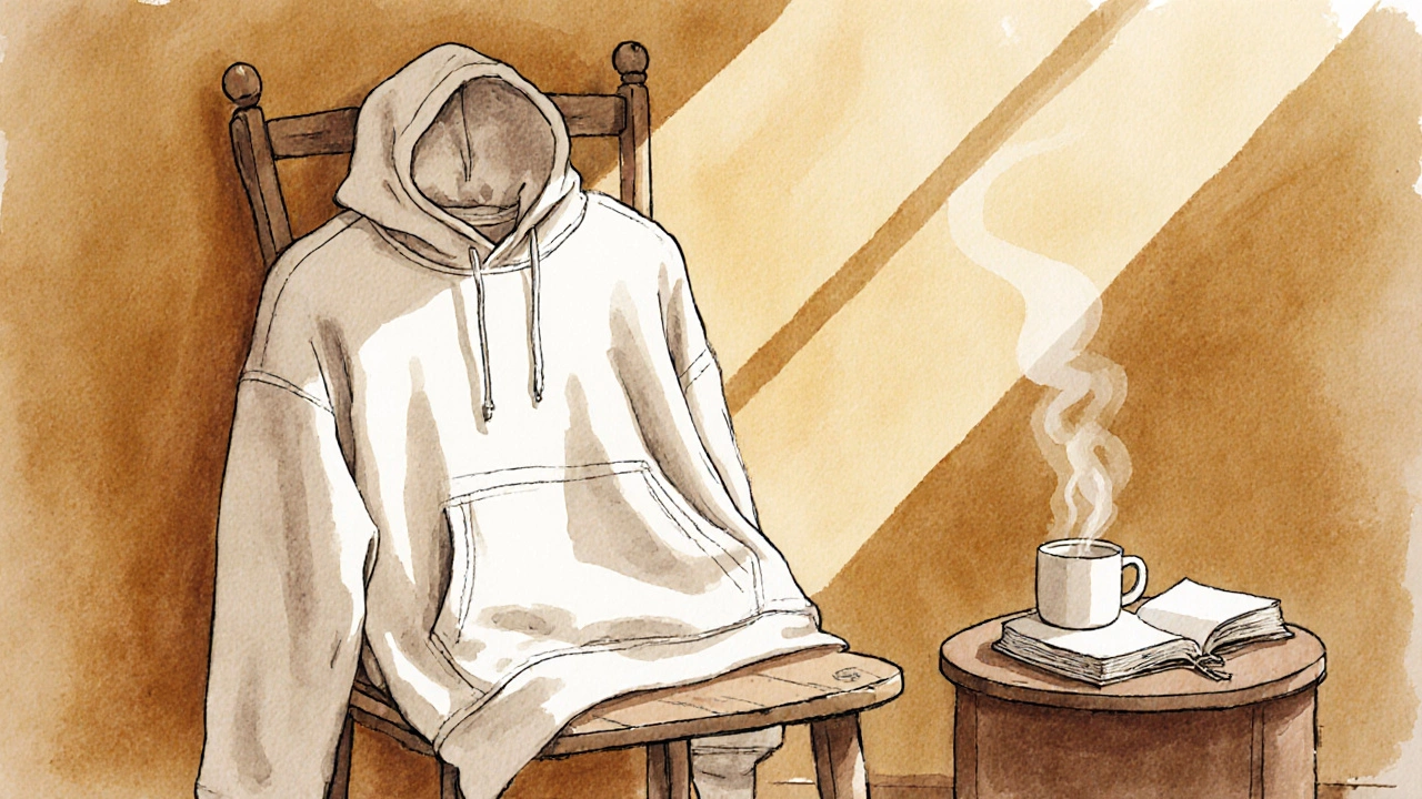A cotton hoodie draped on a wooden chair beside a mug and book, golden afternoon light highlighting its natural drape.