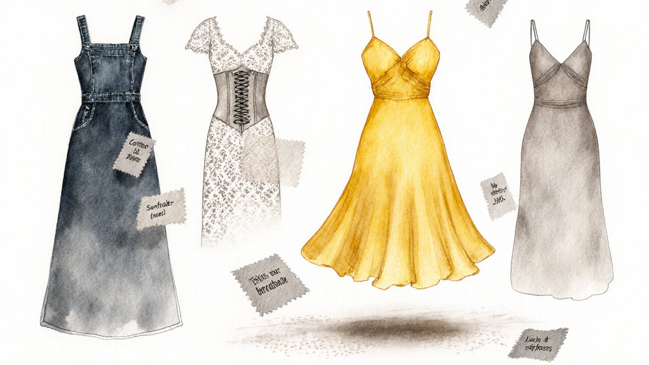 A glowing sundress surrounded by faded formal dresses, symbolizing true summer style.
