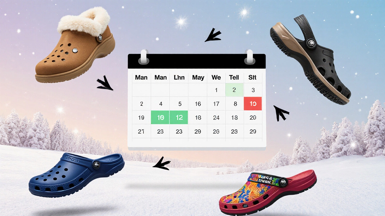 Calendar with key sale dates and floating slippers from major brands, showing price drops.