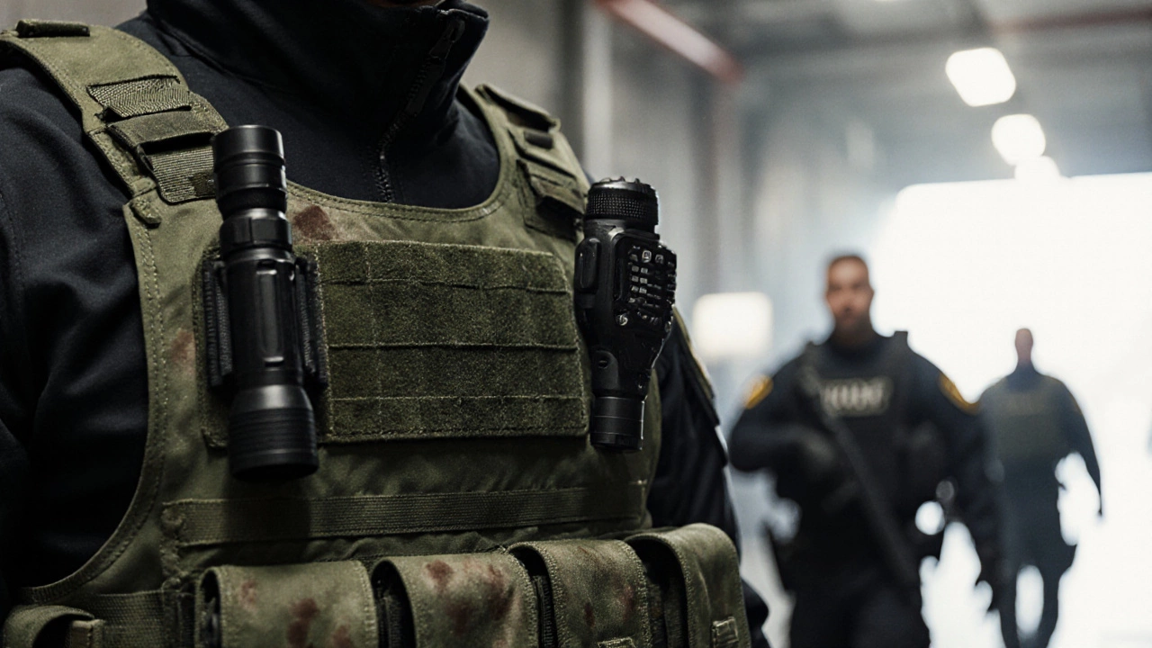 Close-up of a SWAT jacket with tactical pouches, radio, and flashlight, lit by emergency lights.