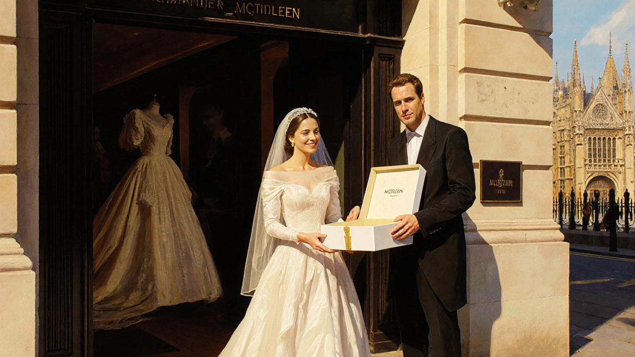 Kate&#039;s parents holding the wedding dress outside Alexander McQueen&#039;s atelier, with Westminster Abbey in the distance.