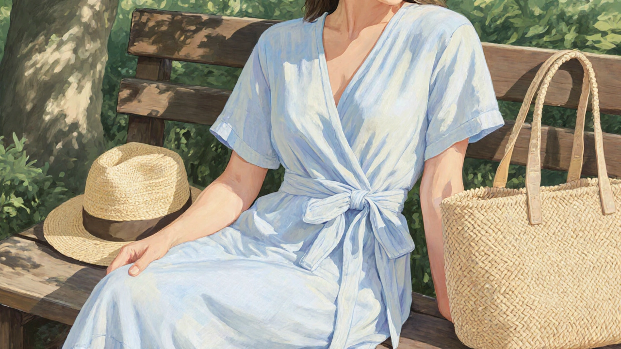 Linen wrap sundress on a bench with a straw hat, showing natural fabric texture and soft light.