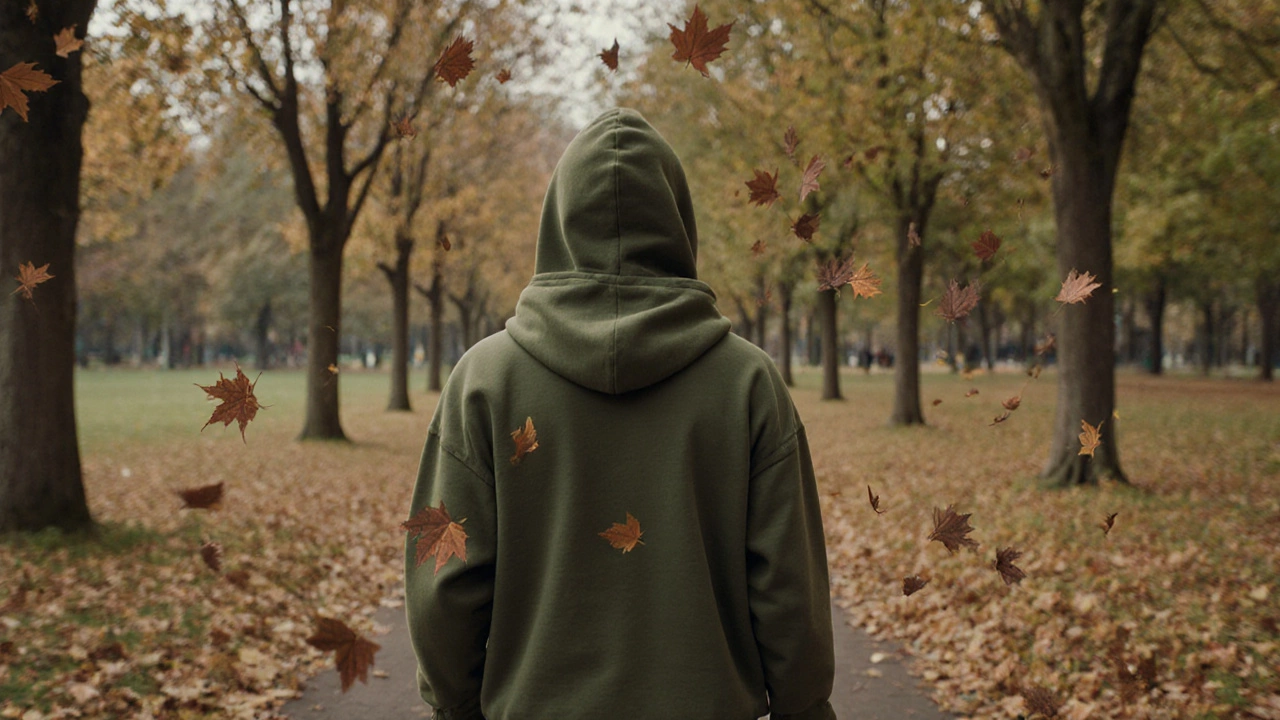 Person walking in an autumn park wearing a cotton hoodie, leaves falling, fabric gently absorbing cool air.