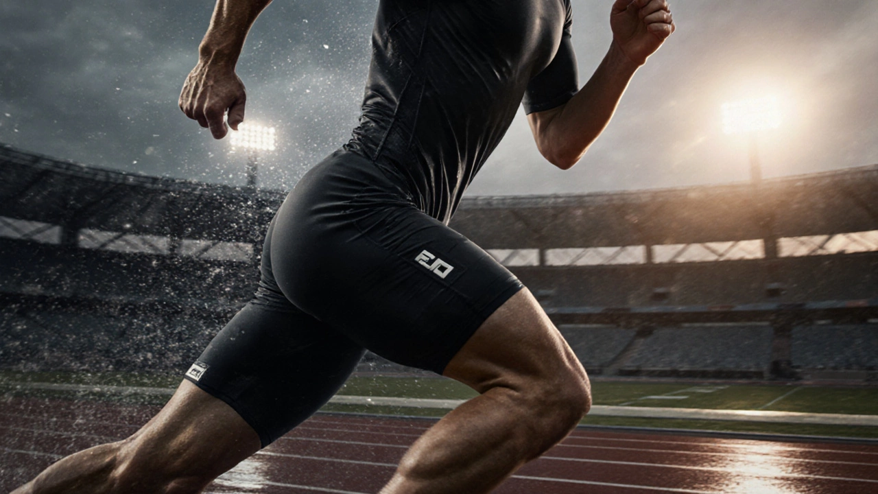 Runner in high-tech compression gear sprinting on a wet track at dawn.
