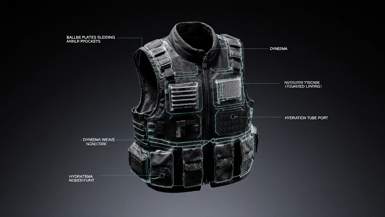 Suspended SWAT jacket with transparent overlays showing internal armor, weave, and hydration system.