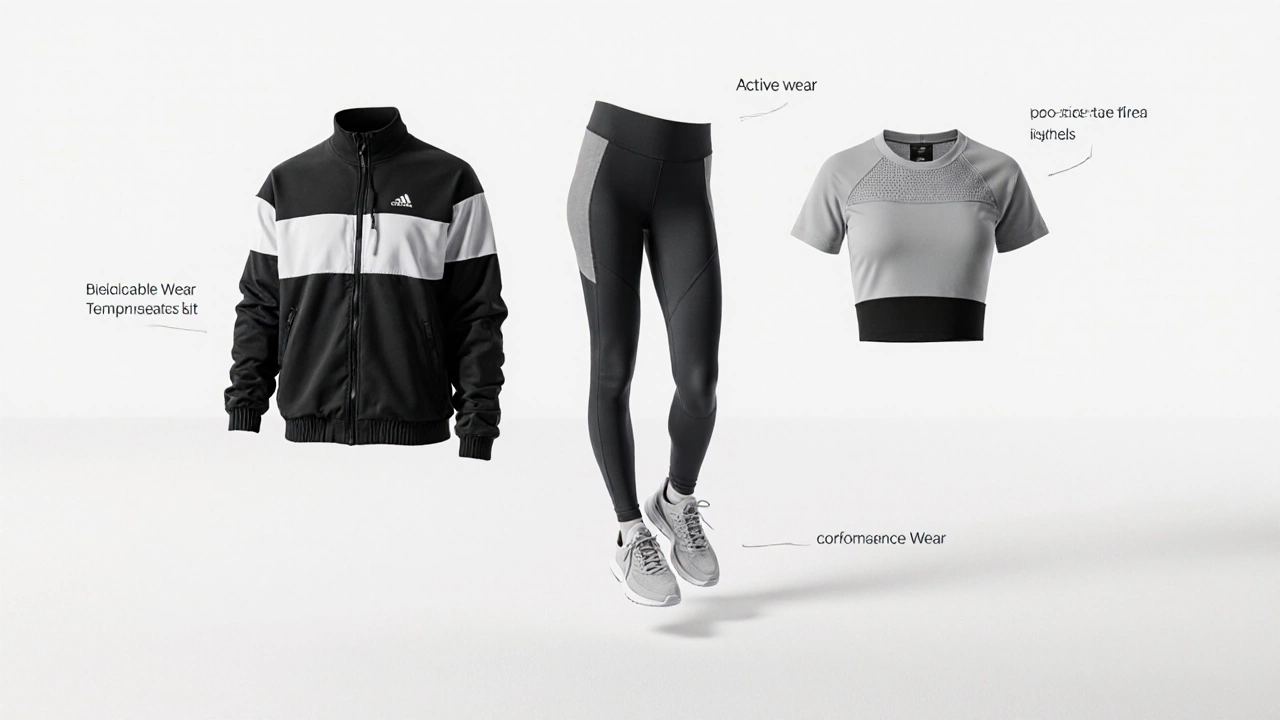 Three overlapping athletic clothing types with distinct fabric textures floating in white space.