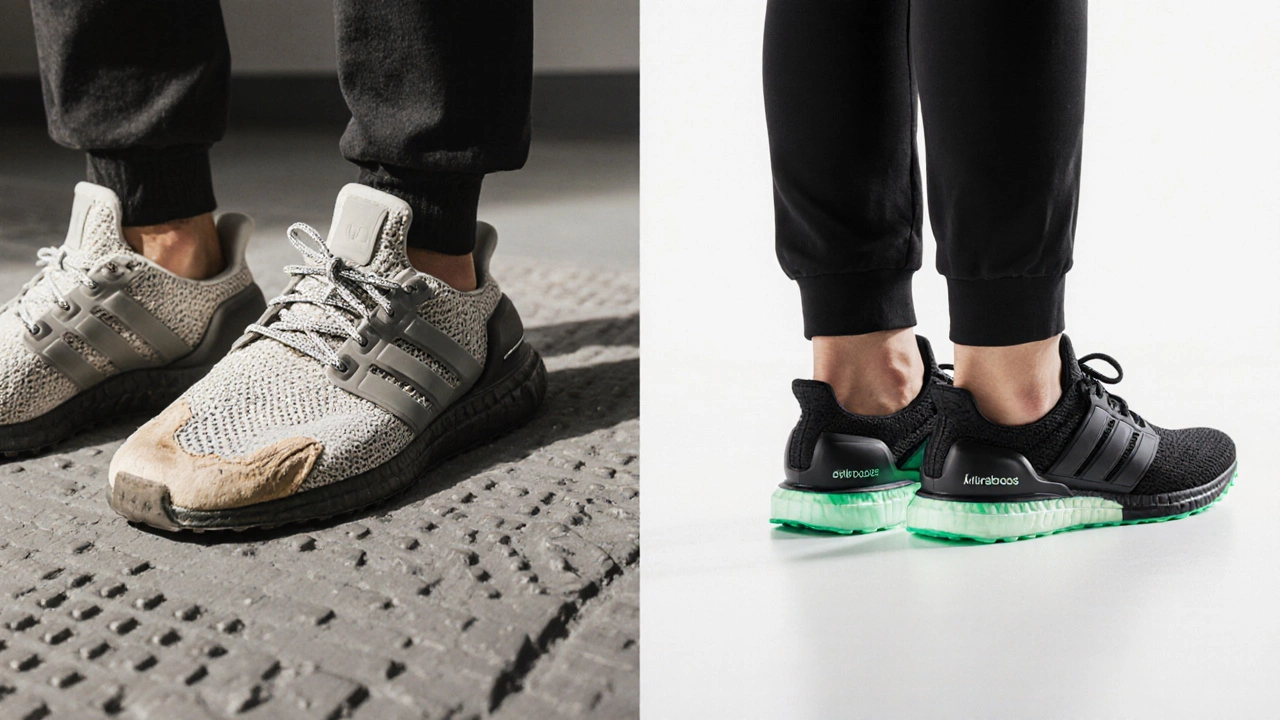 Vintage and modern trainers side by side, showing evolution of design with identical non-marking soles.