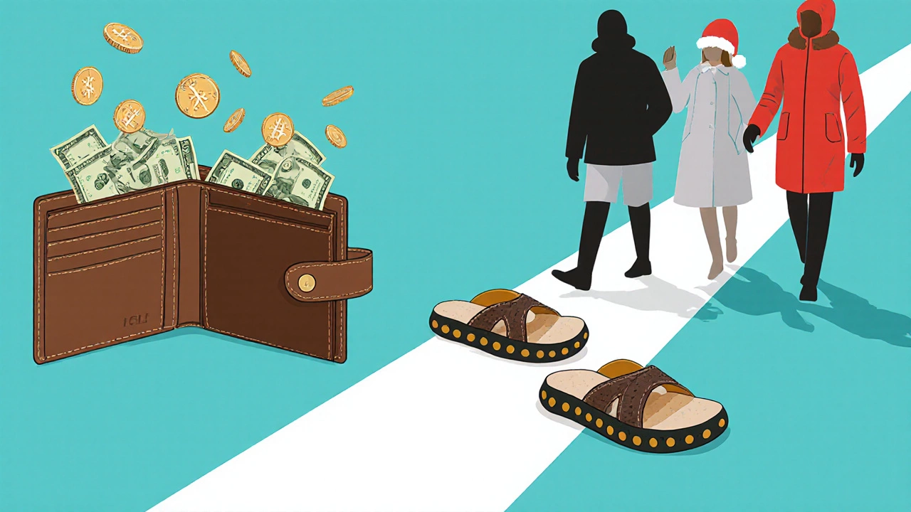 Wallet releasing money that forms a path to sturdy slippers, while others walk away from holiday overpricing.