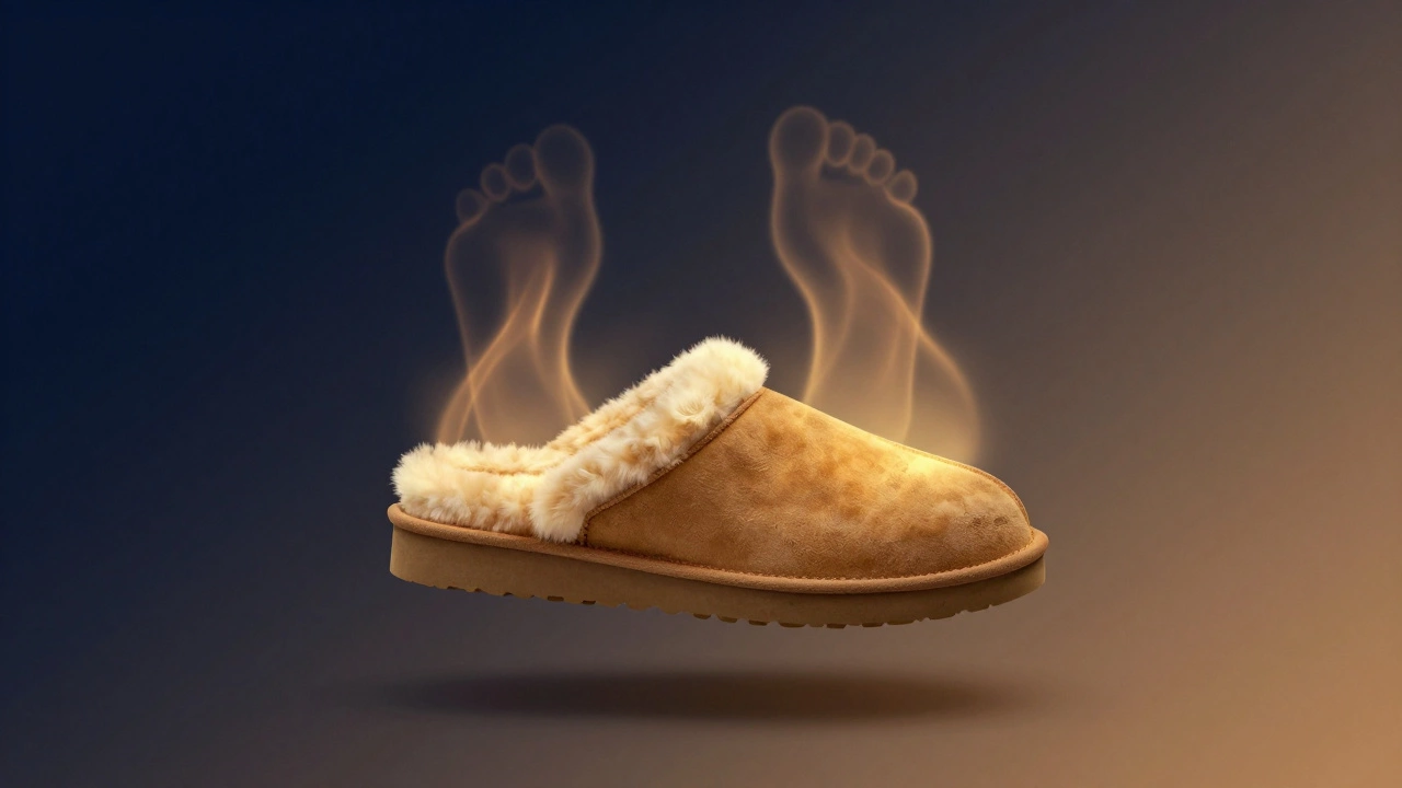 A UGG slipper glowing with warm light, representing natural heat retention from wool fibers.
