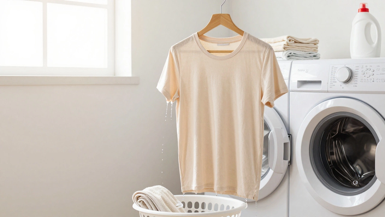 A well-fitted t-shirt hanging in a sunlit laundry room, dripping with cold water after washing.