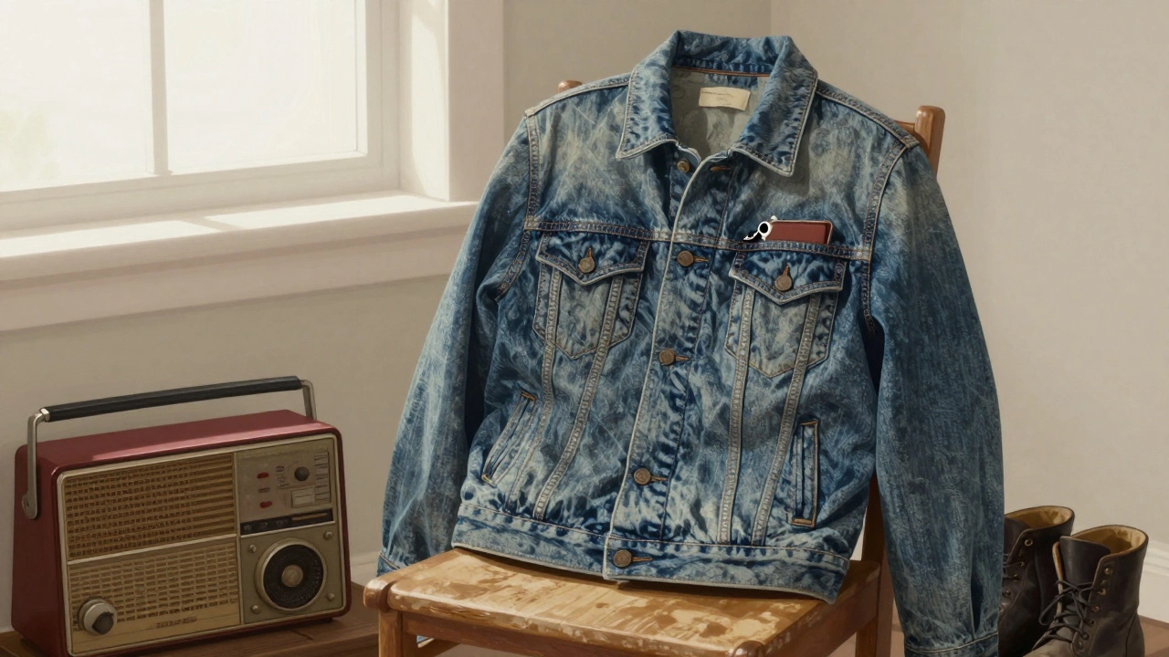 A well-worn denim trucker jacket resting on a chair with casual everyday items nearby.
